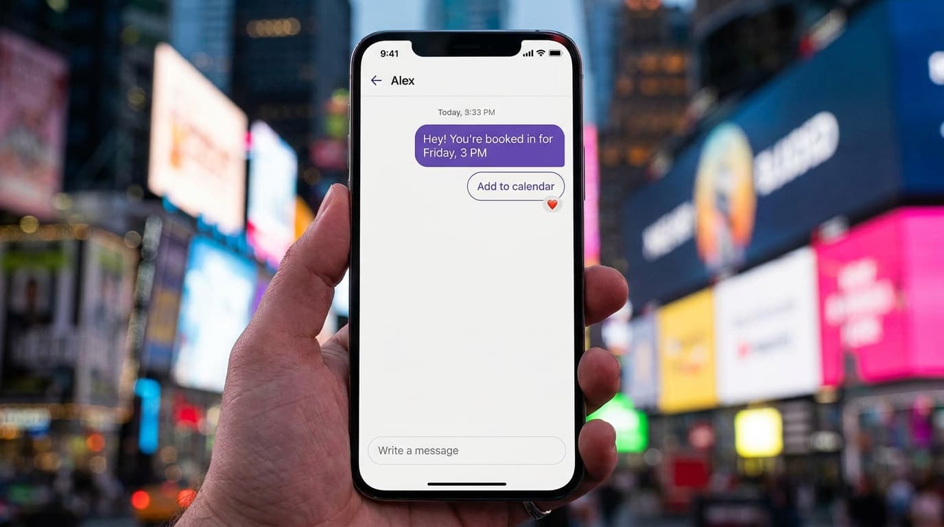 A Wexio AI assistant booking a customer in chat, shown on a phone