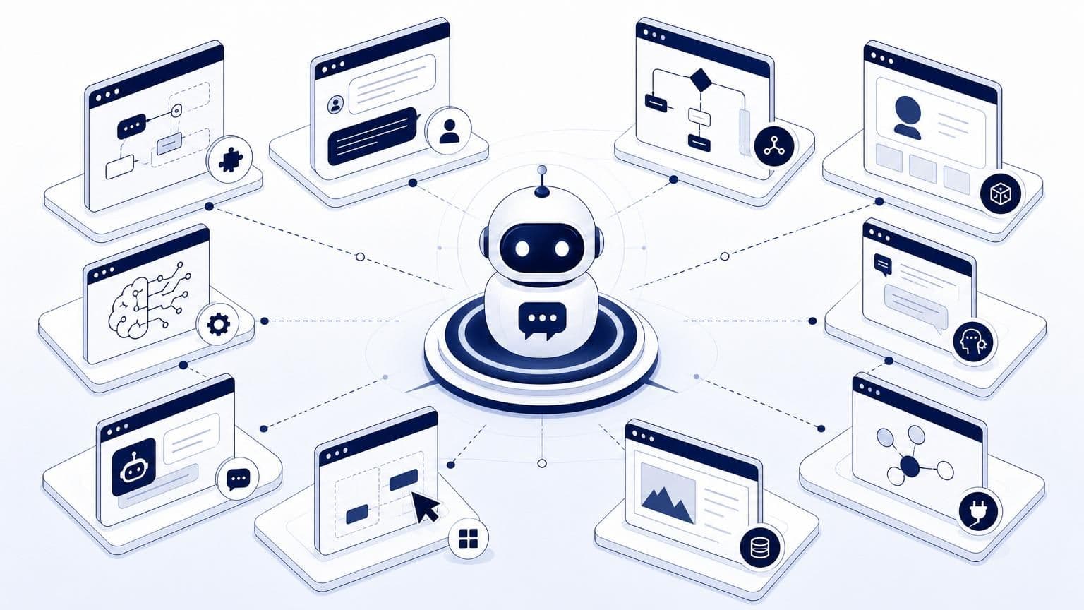 Isometric blue and white illustration of a central robot character connected to various interface screens showing chat flows and logic diagrams.
