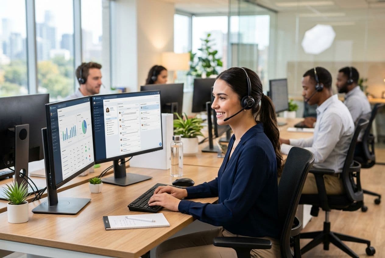 Smiling woman in a modern call center wearing a headset, typing on a keyboard at a dual-monitor desk with colleagues in the background.