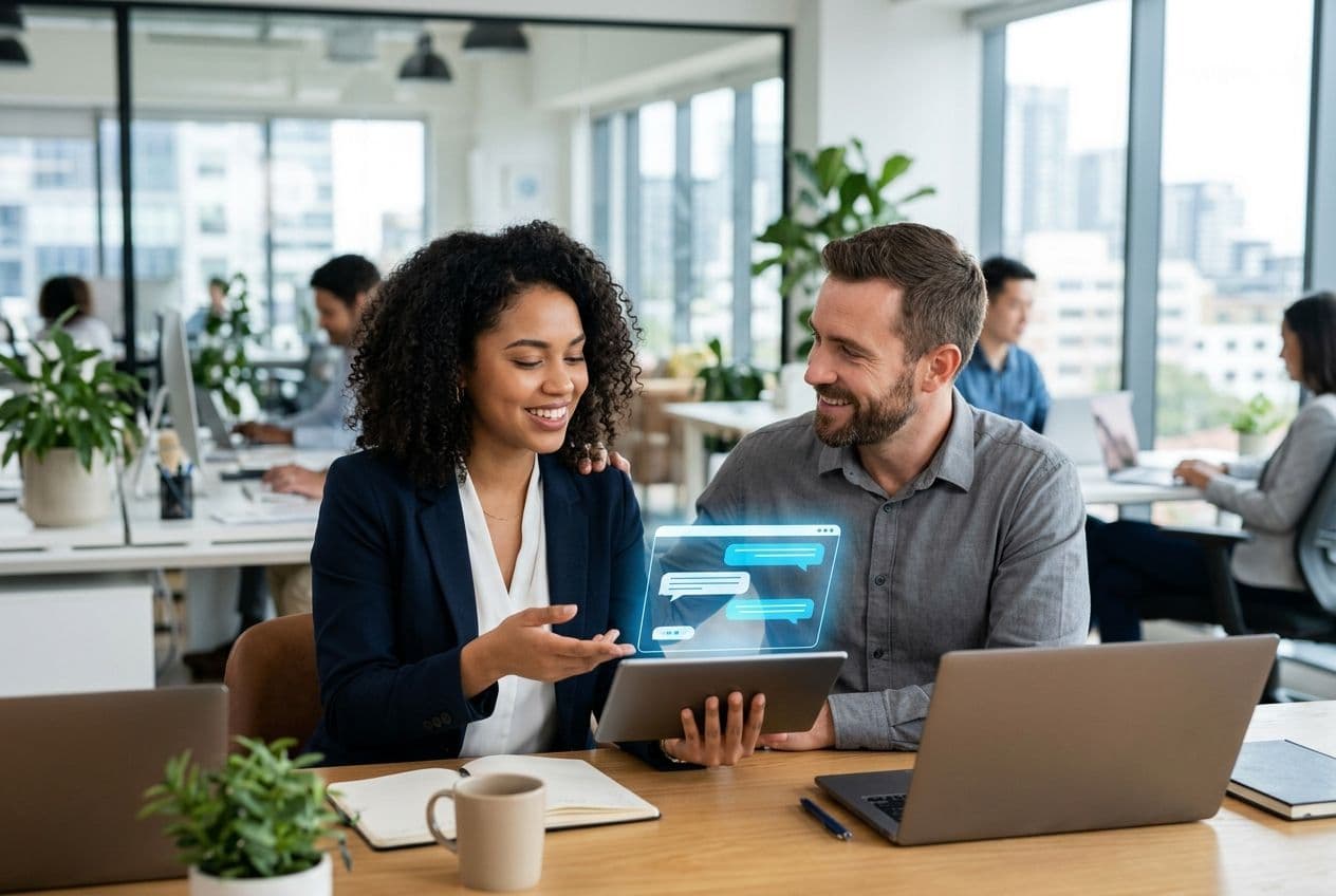 Two smiling colleagues in an office, a woman showing a tablet with a glowing blue chat interface to a man.