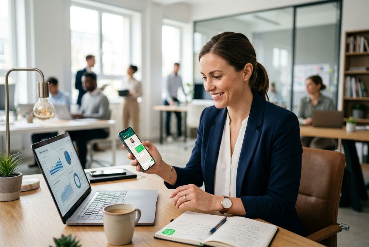 Smiling businesswoman in a modern office, holding a phone displaying a WhatsApp chat, with a laptop showing sales charts.