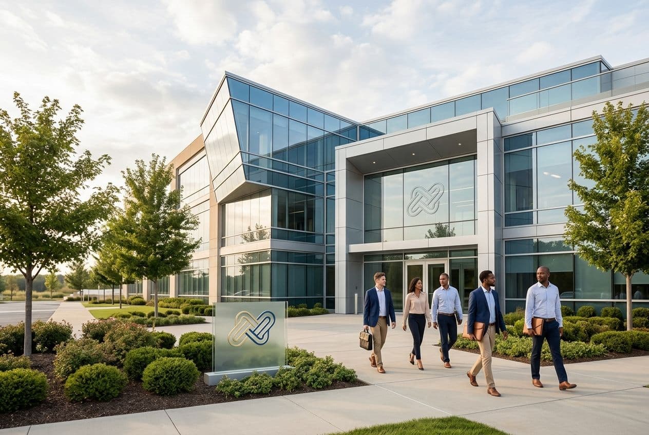 Five diverse professionals walk past a modern glass office building with a logo on the facade and a sign in the landscaped foreground.