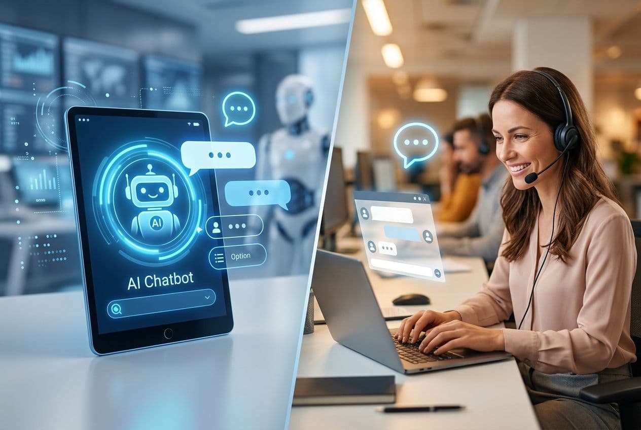Split image showing an AI chatbot on a tablet and a smiling woman with a headset typing on a laptop.