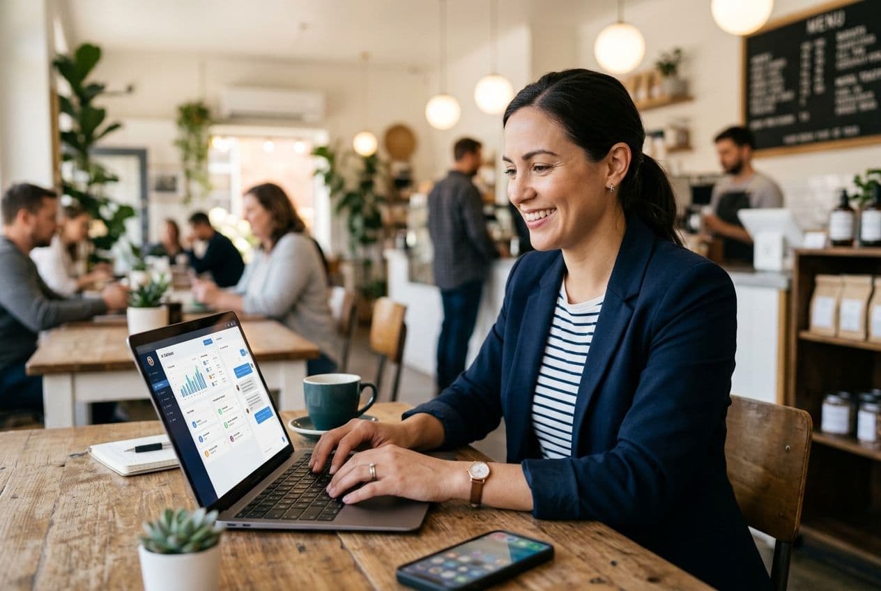 Smiling woman in a cafe working on a laptop displaying a chatbot interface.