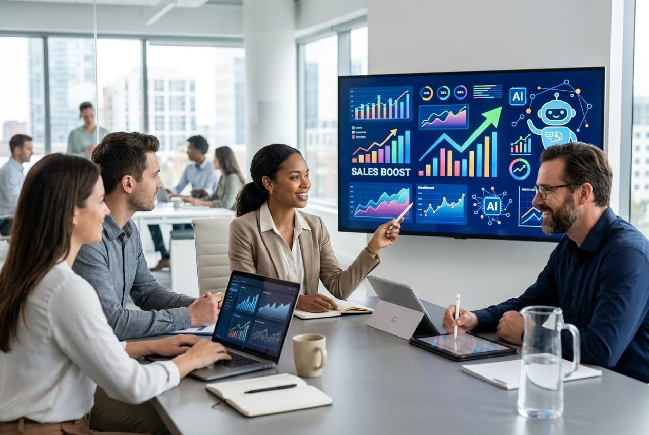 Diverse business team in a modern office, a woman points to a large screen displaying "SALES BOOST" and AI-themed charts.