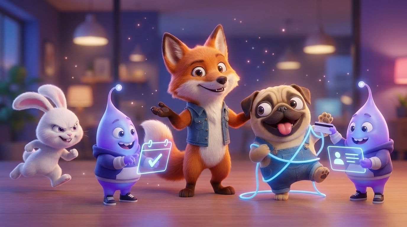 Wexio mascots with a glowing AI assistant orb that books, takes payment, and updates a profile while FAQ tickets auto-clear