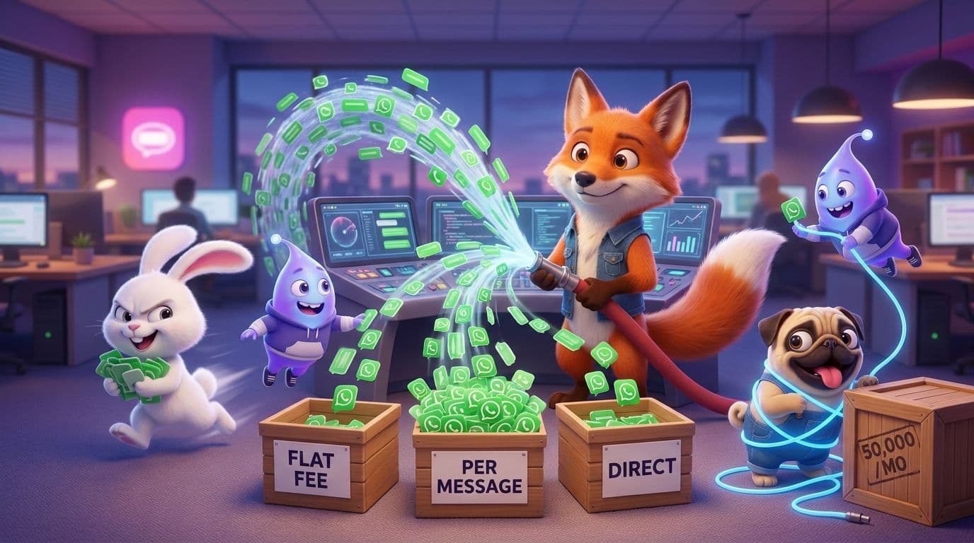 Wexio mascot cast routing a firehose of green WhatsApp messages into bins labelled flat fee, per message and direct
