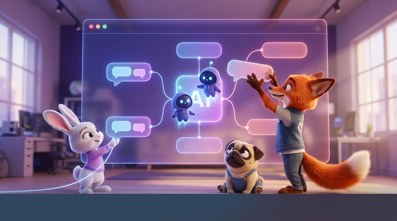 The Wexio mascots building a chatbot on a floating no-code canvas: a fox dragging a chat node, a rabbit wiring a connector, and two robots glowing as the AI step, no code in sight