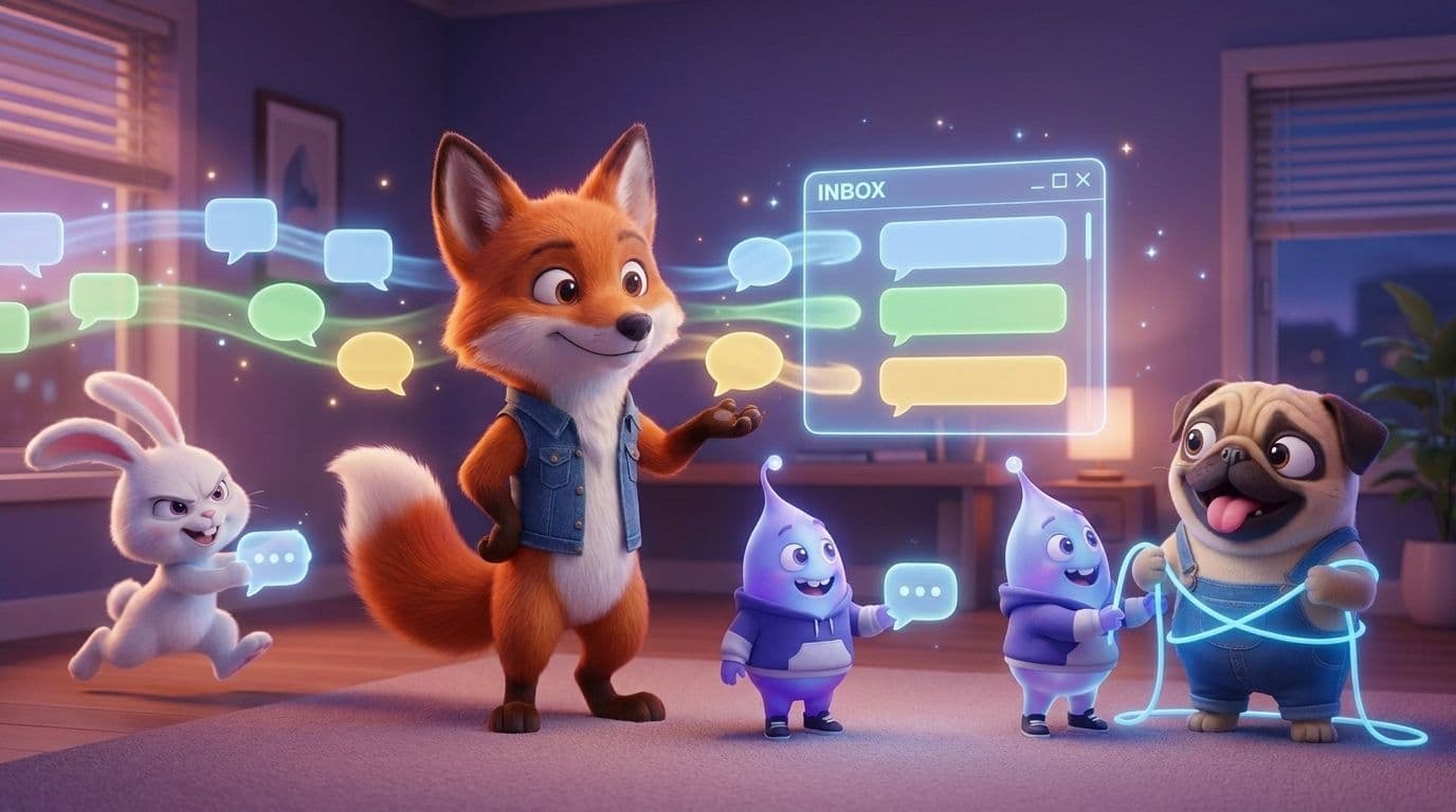 Wexio mascots gathering WhatsApp, Instagram and web chat streams into one glowing shared inbox with a clean handoff