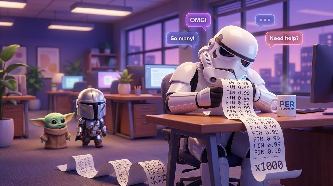 Cartoon space soldier at a desk overwhelmed by a long Fin invoice reading 0.99 per resolution times 1000