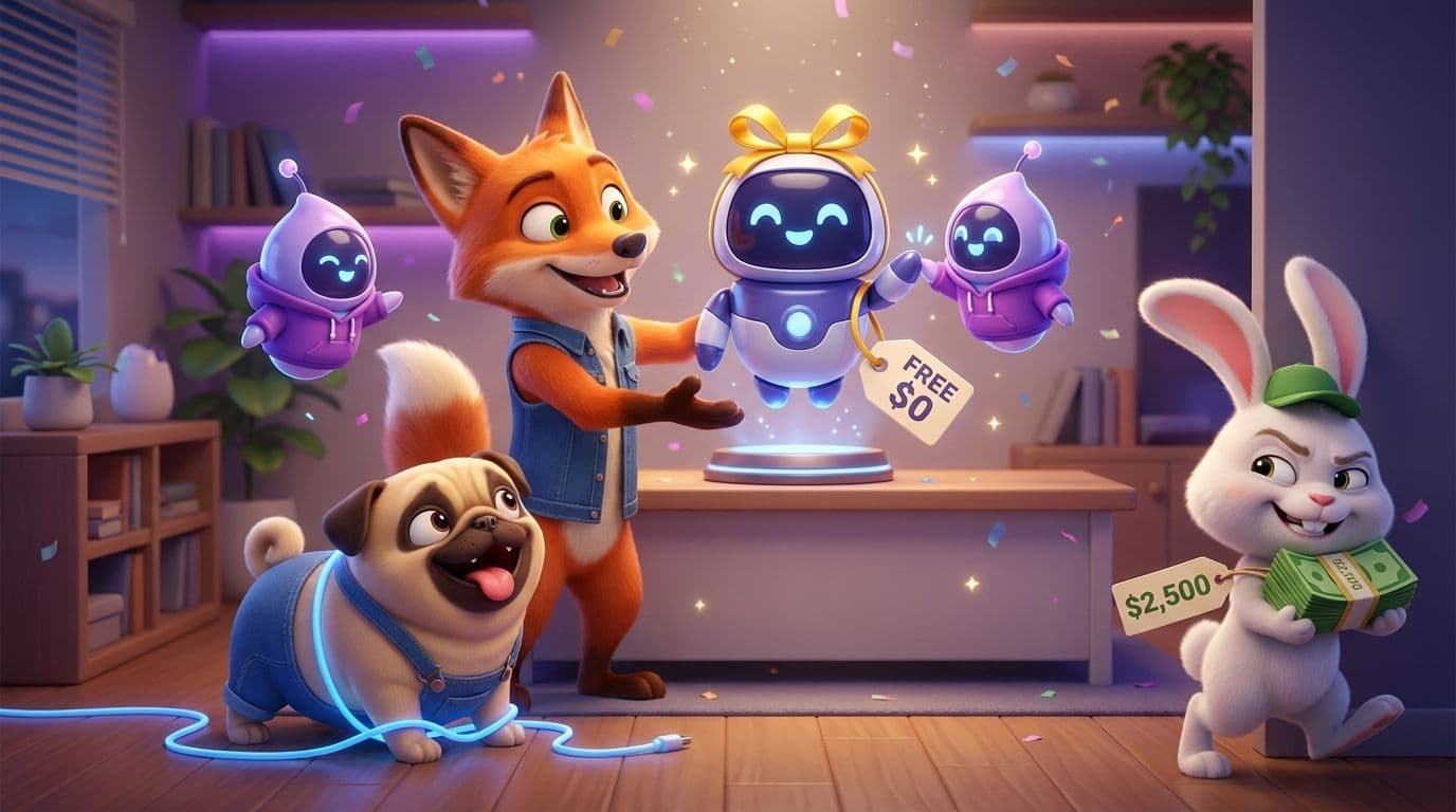 Wexio mascots celebrating a new free Telegram chatbot while a rabbit in a green cap sneaks off with 2500 dollars