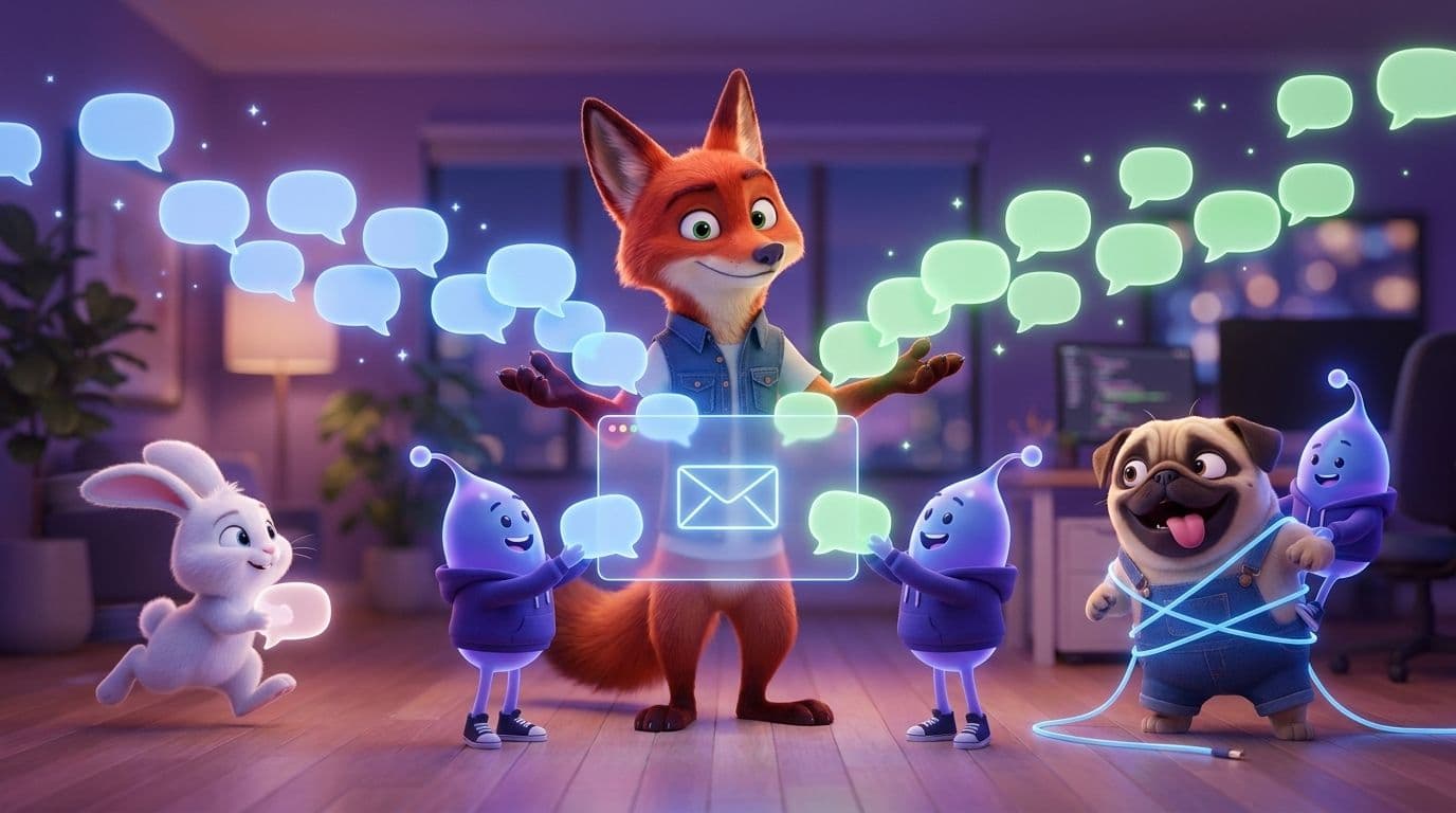 Wexio mascots merging a blue chat stream and a green chat stream into one inbox