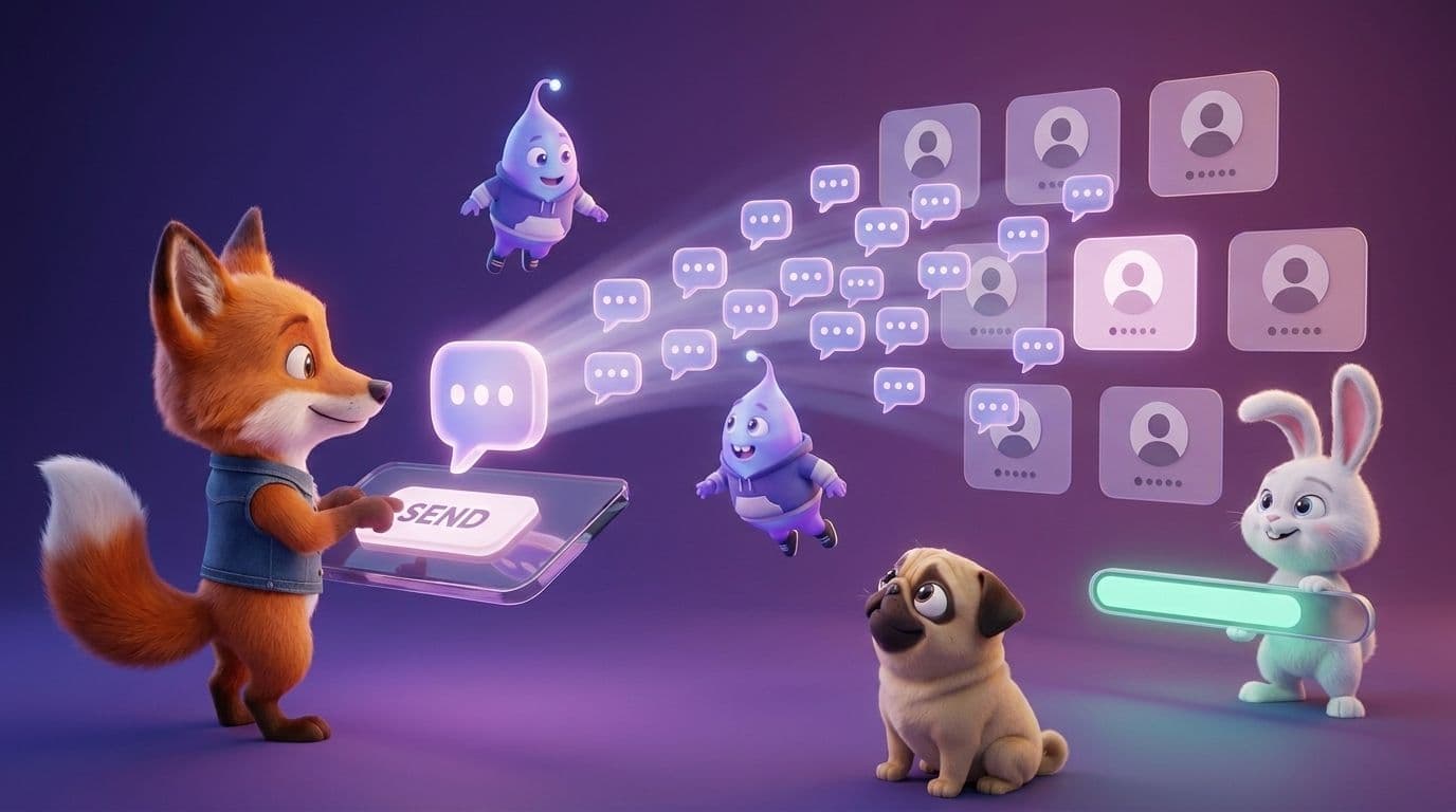 The Wexio mascots running a one-to-many WhatsApp broadcast: a fox taps send, one message fans out to many contact cards, and a rabbit watches a delivery progress bar