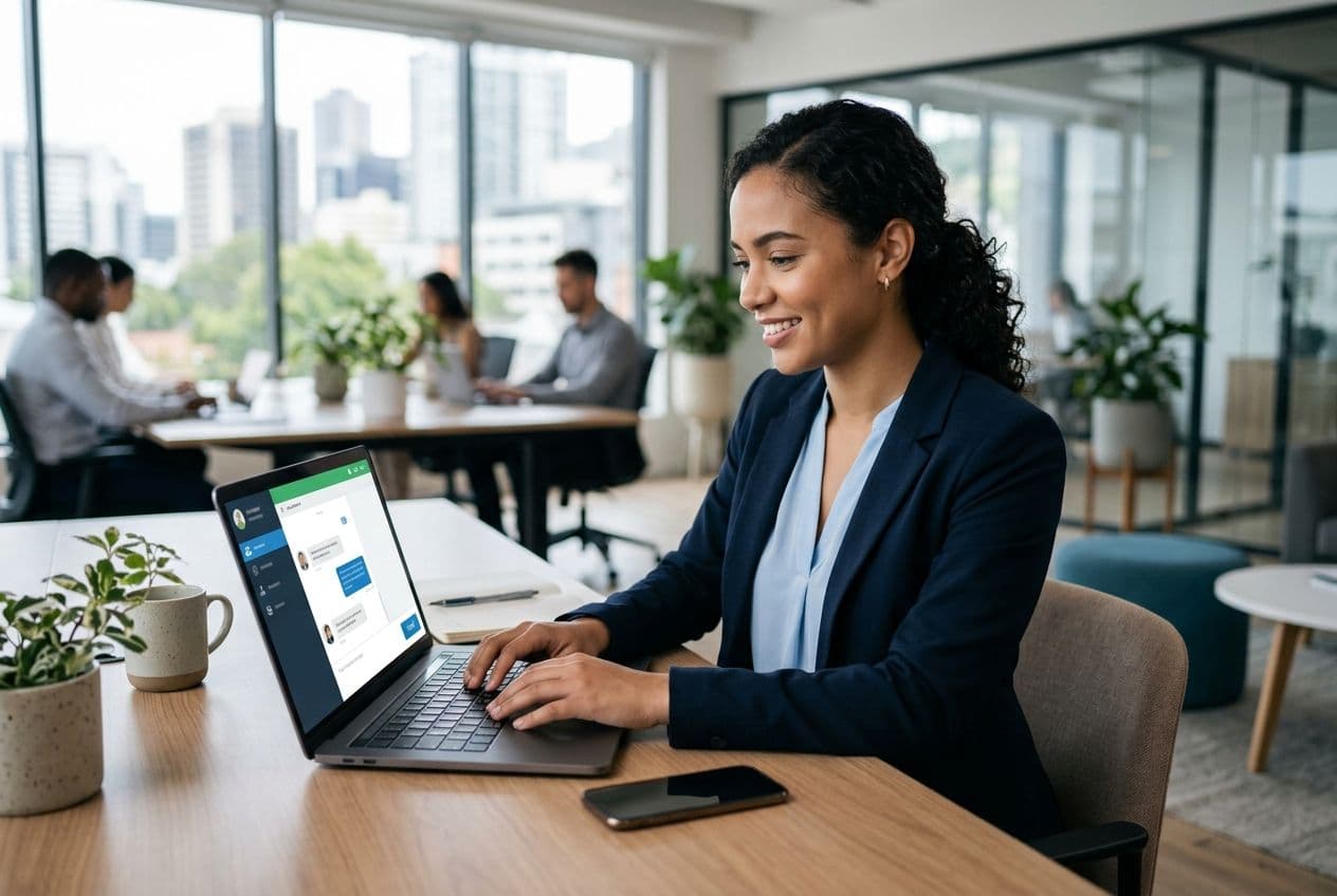 Smiling woman typing on a laptop showing live chat software, in a modern office with large windows and blurred colleagues.