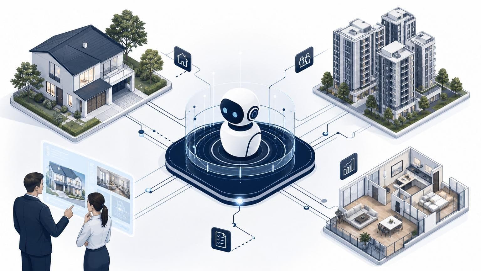 Isometric illustration of a white robot agent connected by digital lines to a house, apartment complex, floor plan, and two people viewing data.