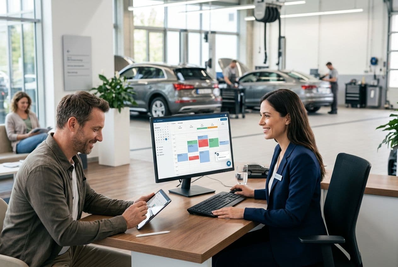 Smiling man and woman at a desk with a computer showing a scheduling app, in an automotive service center.