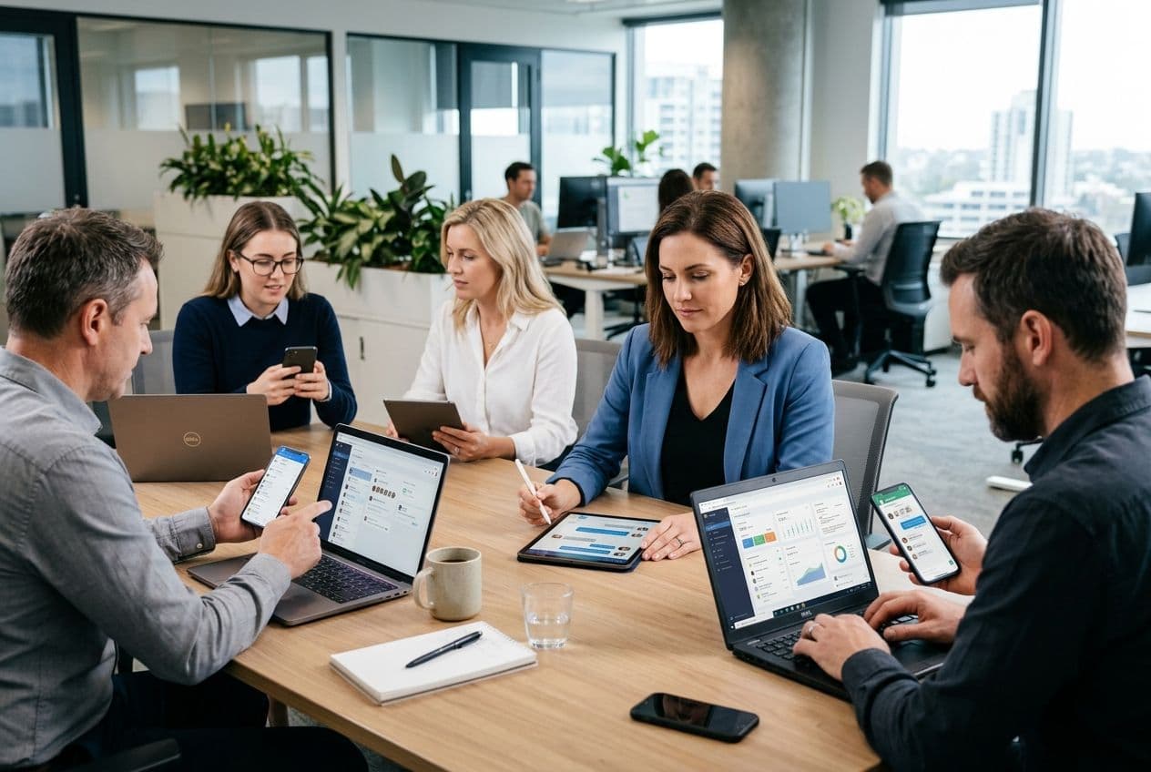 Diverse business team collaborating in a modern office, using laptops, tablets, and smartphones.