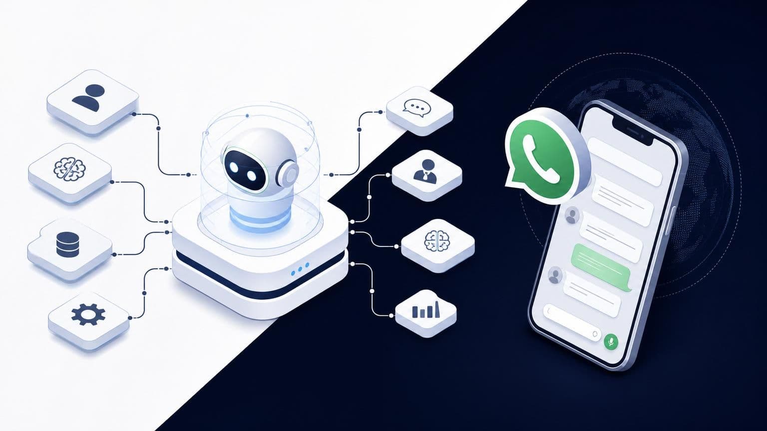 Isometric illustration of a white robot head connected by data lines to a smartphone displaying a WhatsApp chat interface.