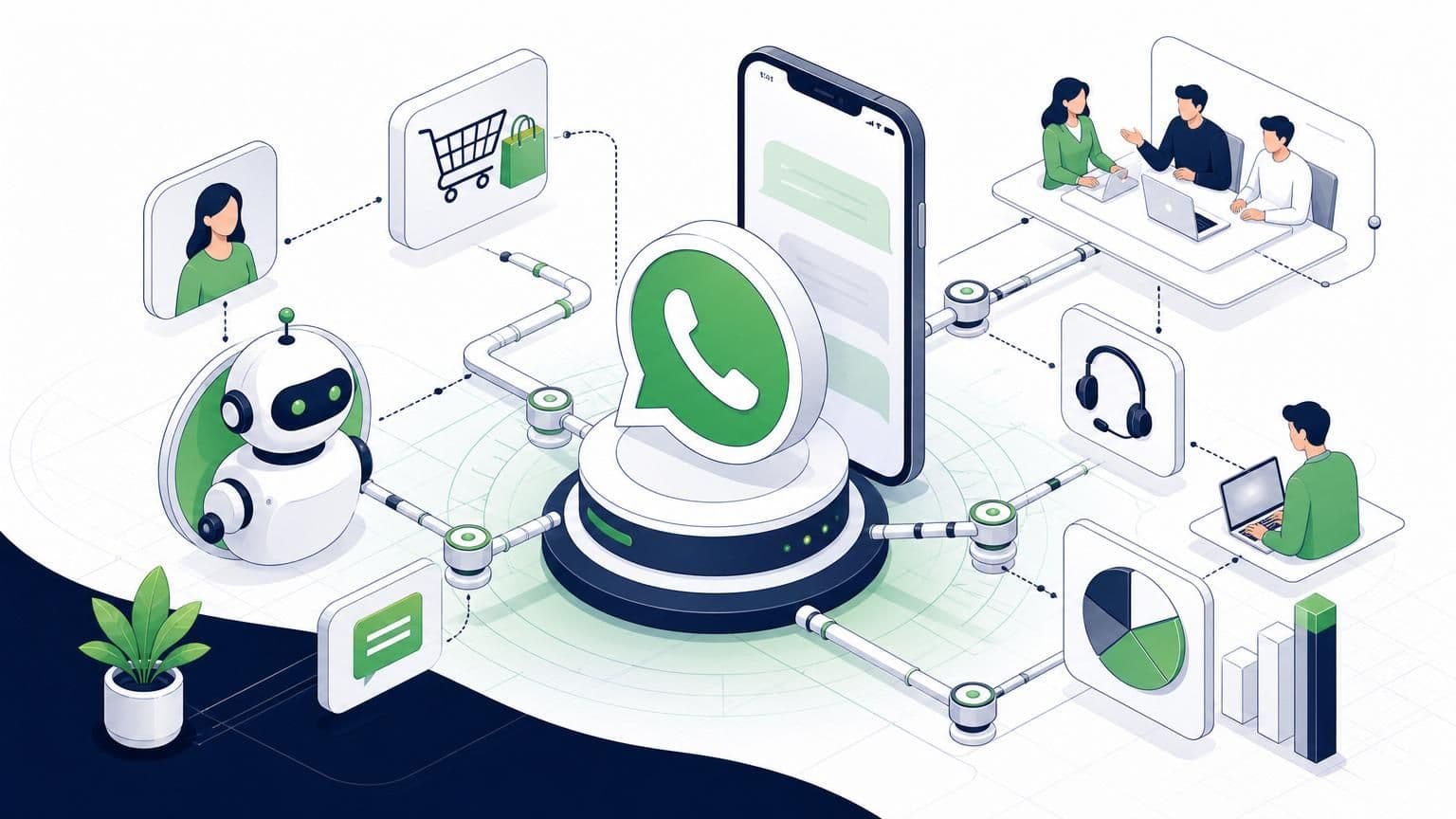 Isometric illustration of a WhatsApp logo and smartphone connected by pipes to a chatbot, customer support team, and e-commerce icons.