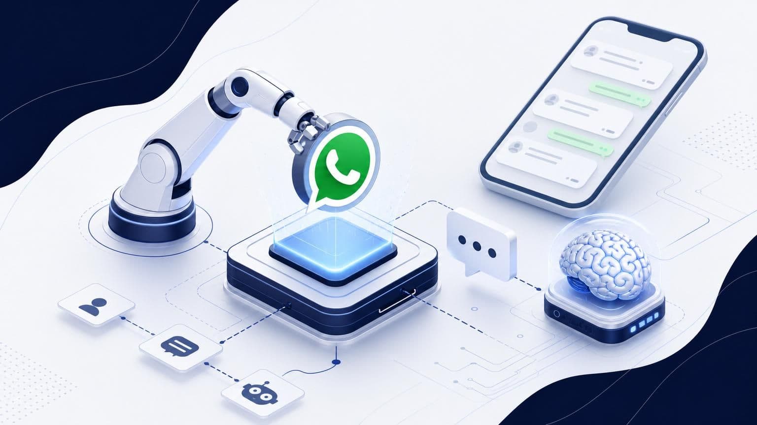 Isometric 3D illustration of a robotic arm placing a WhatsApp logo onto a glowing platform next to a digital brain and a smartphone.
