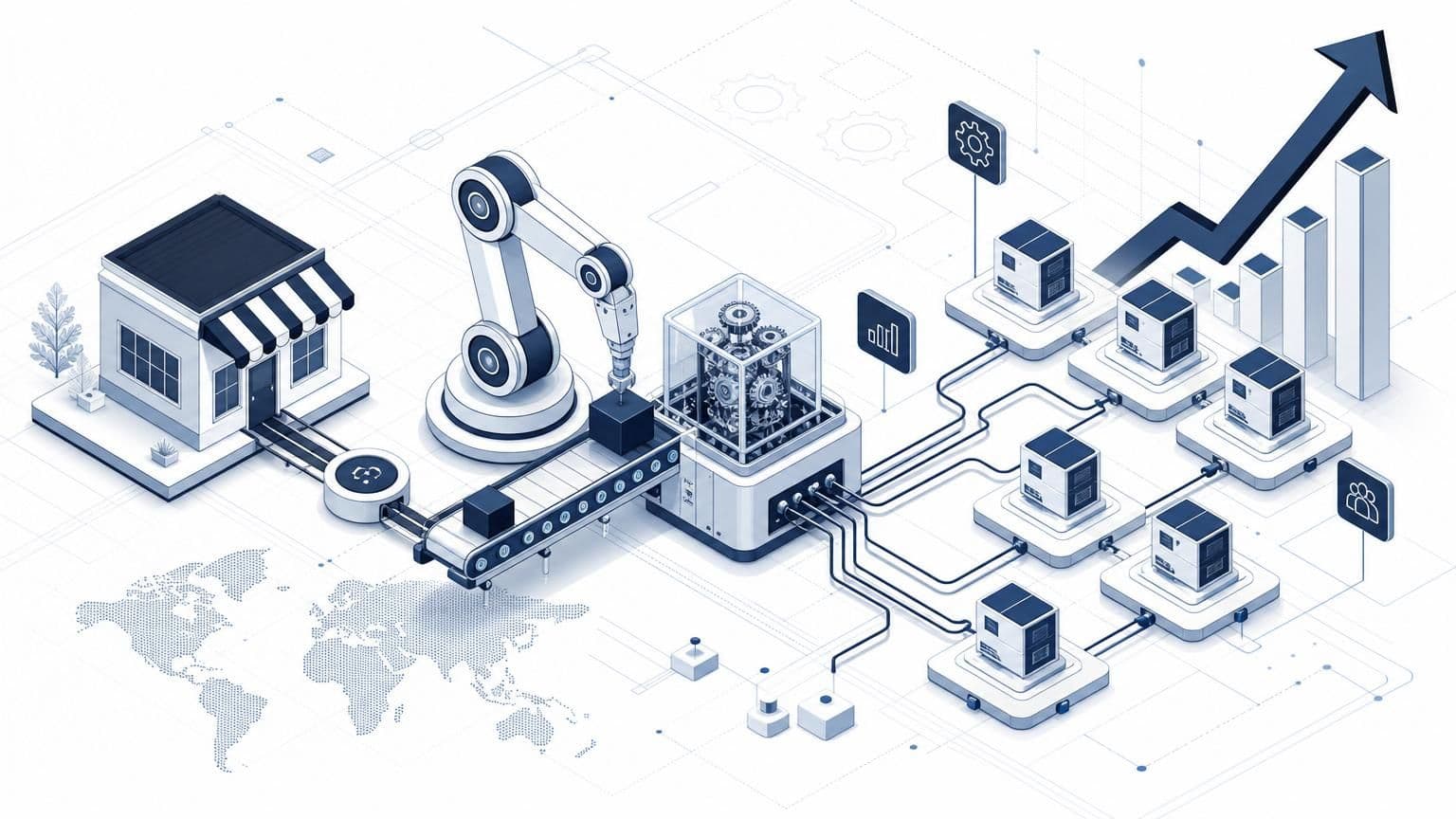 Isometric blue and white illustration of a robotic arm and conveyor belt connecting a storefront to data servers and a rising growth arrow.