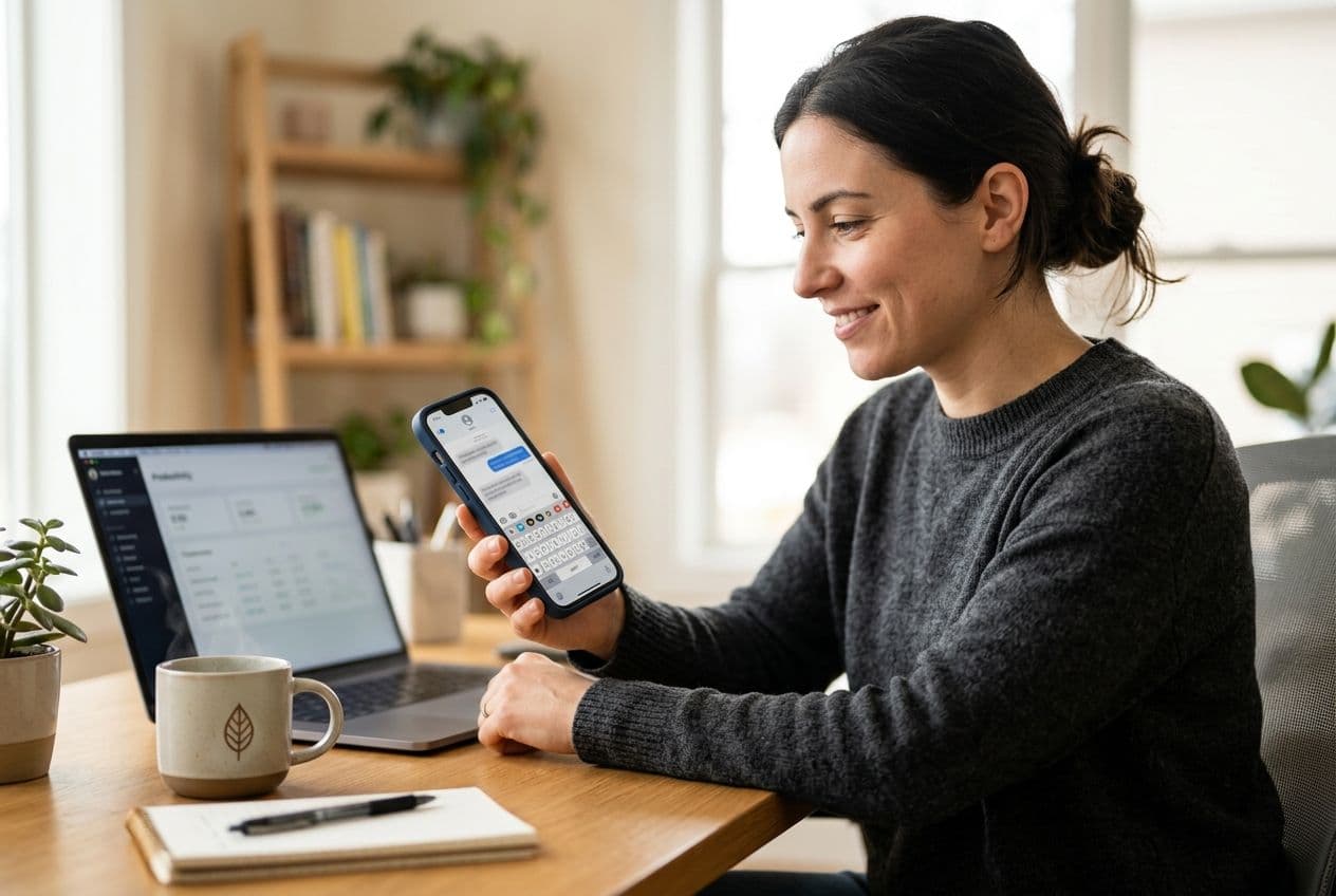 Smiling woman in a gray sweater holding an iPhone with a text message open, sitting at a desk with a laptop and coffee mug.