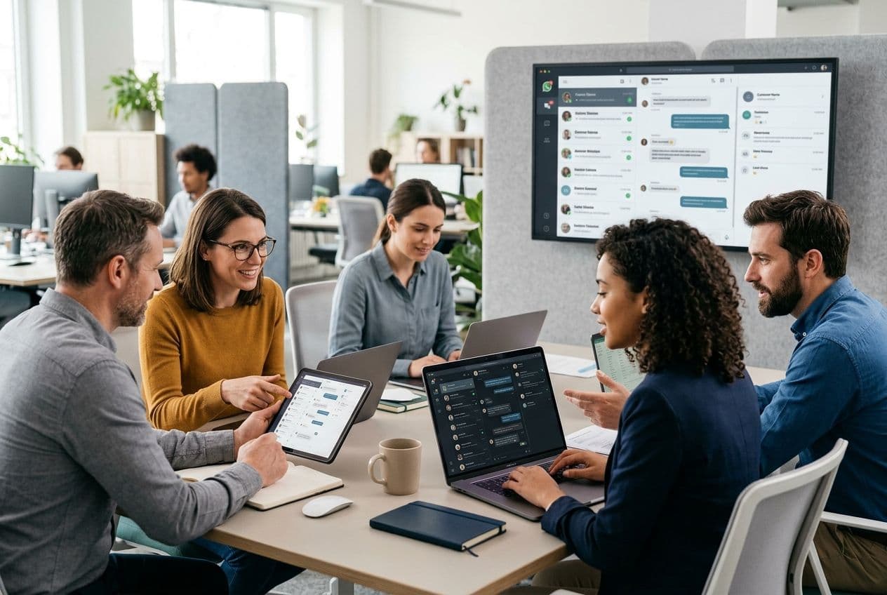Diverse team collaborating in a modern office, viewing a WhatsApp shared inbox on laptops, tablets, and a large screen.