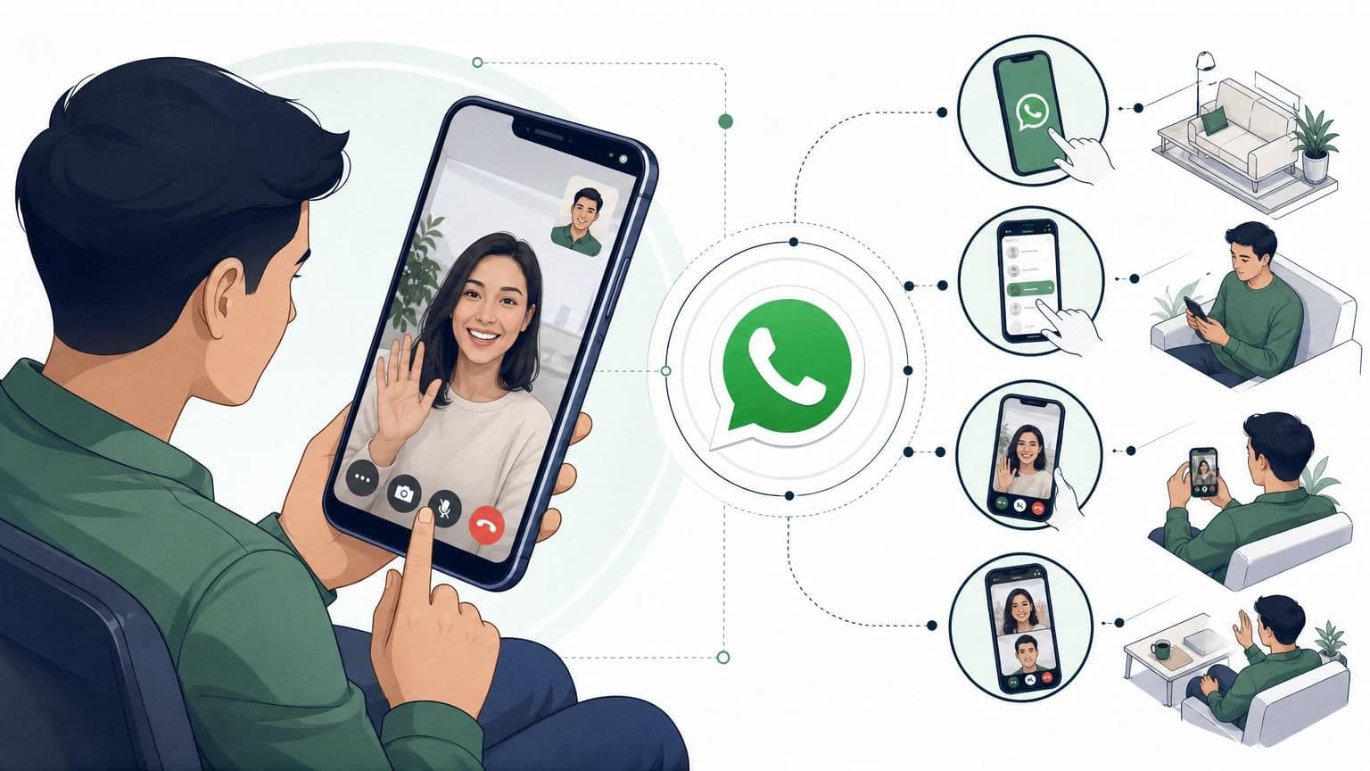 Illustration of a man using a smartphone for a WhatsApp video call, with icons showing the step-by-step process of starting a call.
