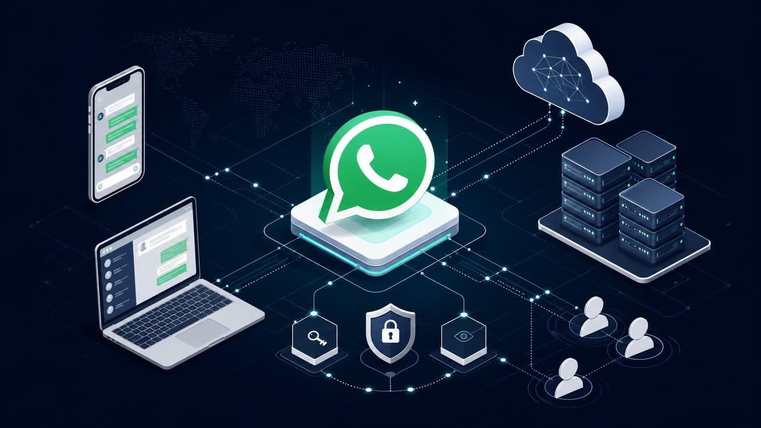 Isometric 3D illustration of the WhatsApp logo connected to a smartphone, laptop, data servers, and security icons on a dark blue background.
