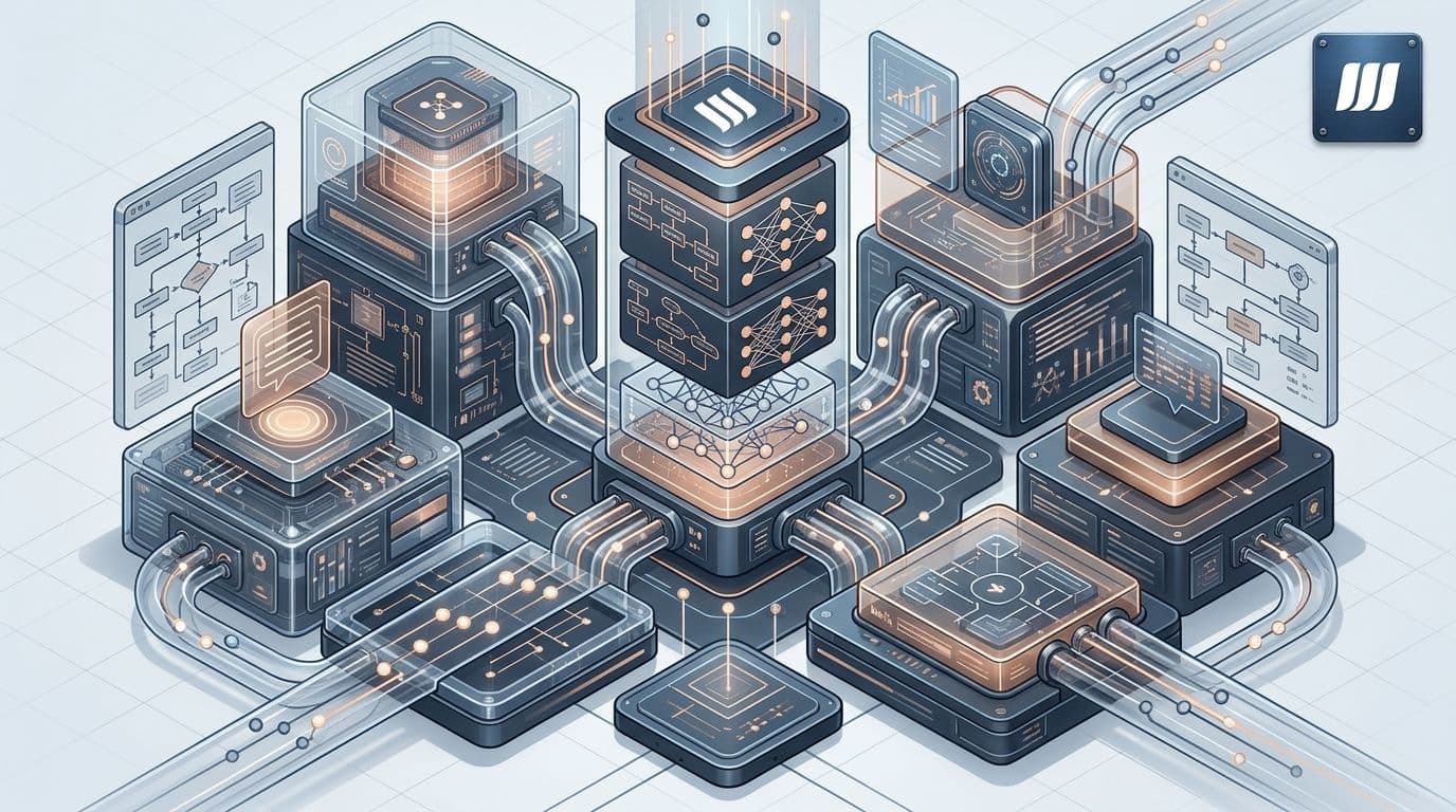 Isometric illustration of interconnected data processing units with glowing lines and network diagrams, in blue, gray, and orange.