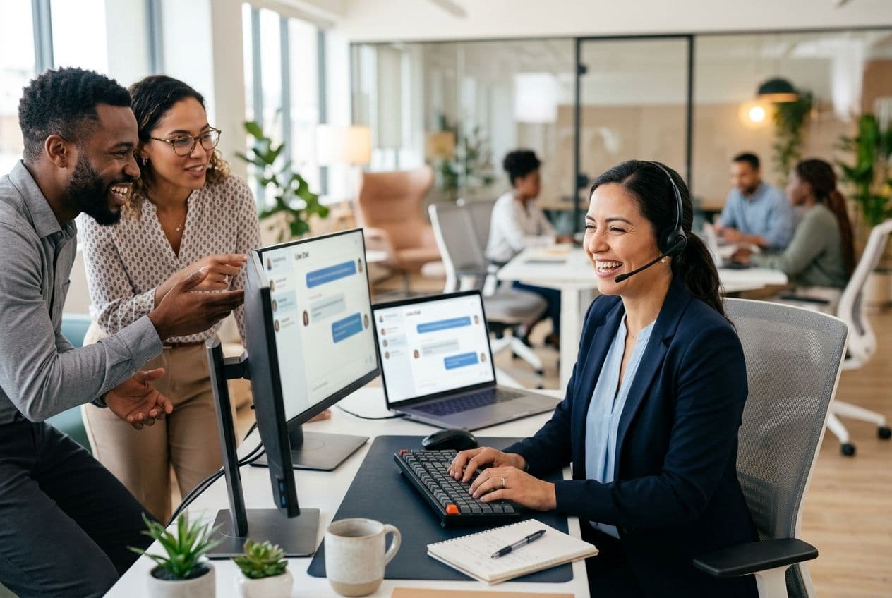 Three diverse colleagues in a bright office, two looking at a live chat screen, one smiling while typing with a headset.