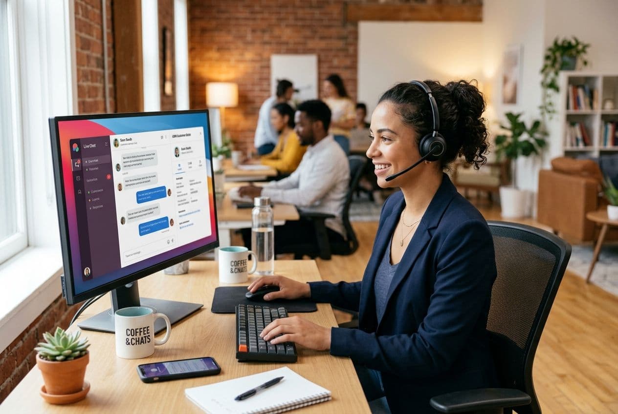 Smiling woman with a headset using live chat software on a desktop computer in a modern, open-plan office.