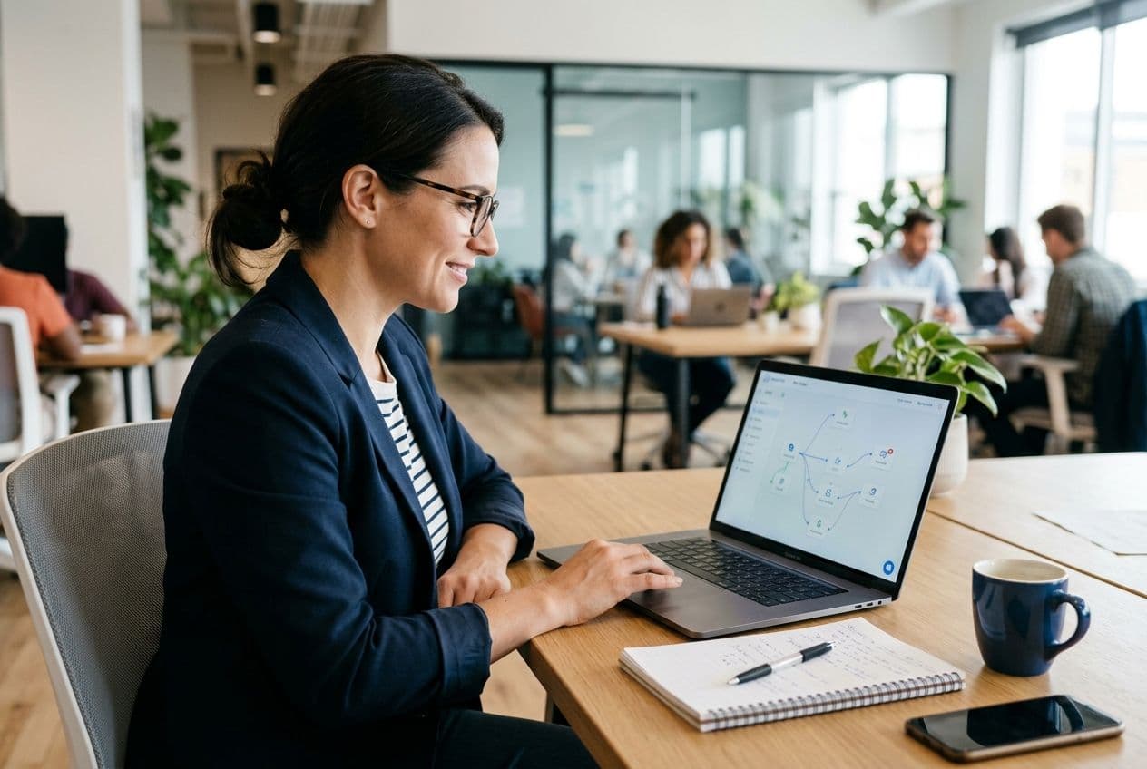 Smiling woman in glasses using a laptop with a flowchart on screen, in a bright, modern office with other workers.
