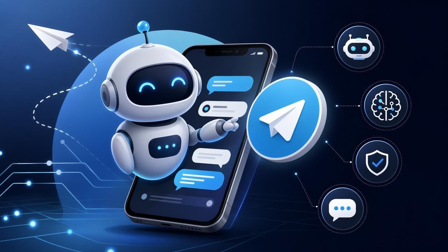 Friendly white robot interacting with a smartphone displaying the Telegram logo and chat bubbles on a futuristic blue digital background.