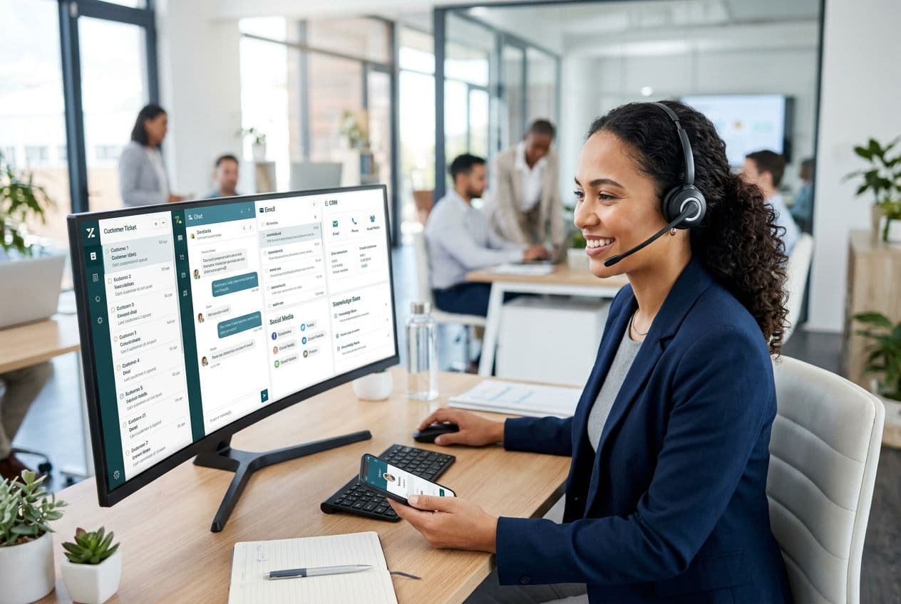 Smiling woman with headset at a desk, viewing customer support software on a monitor and phone in a bright office.