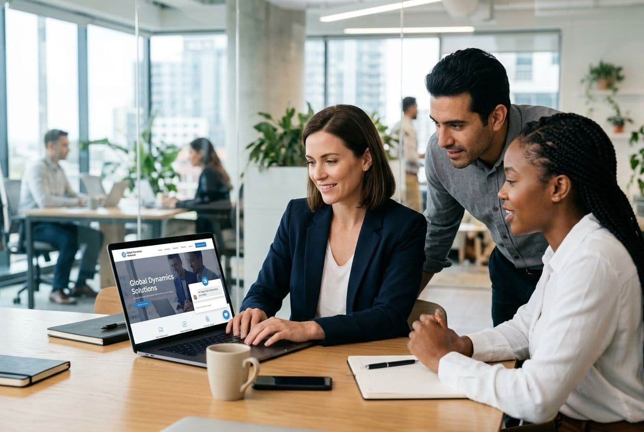Three diverse business people collaborate on a laptop with a chatbot interface in a modern office.