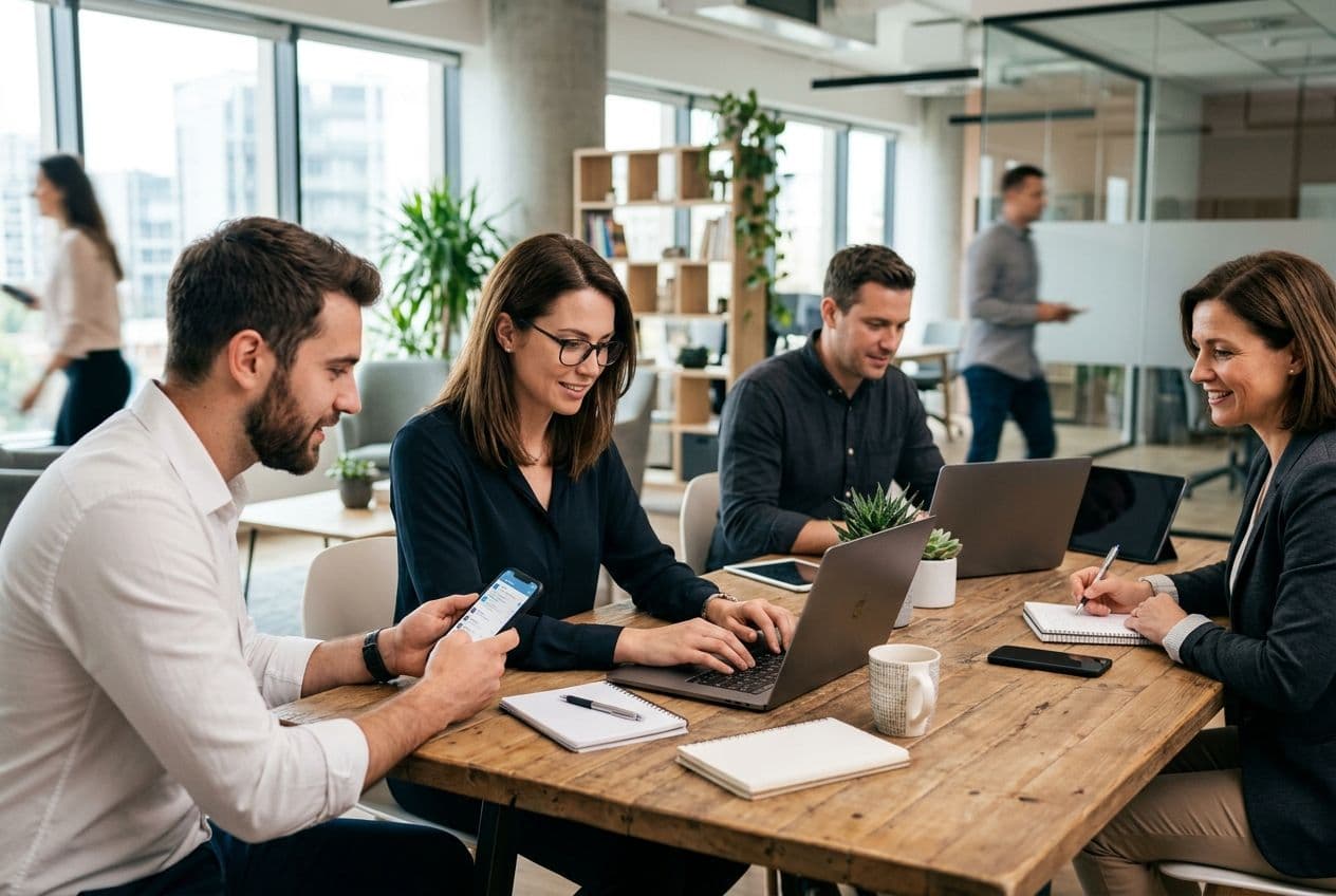Four diverse professionals collaborate at a rustic wooden table in a bright, modern office, using laptops and smartphones.