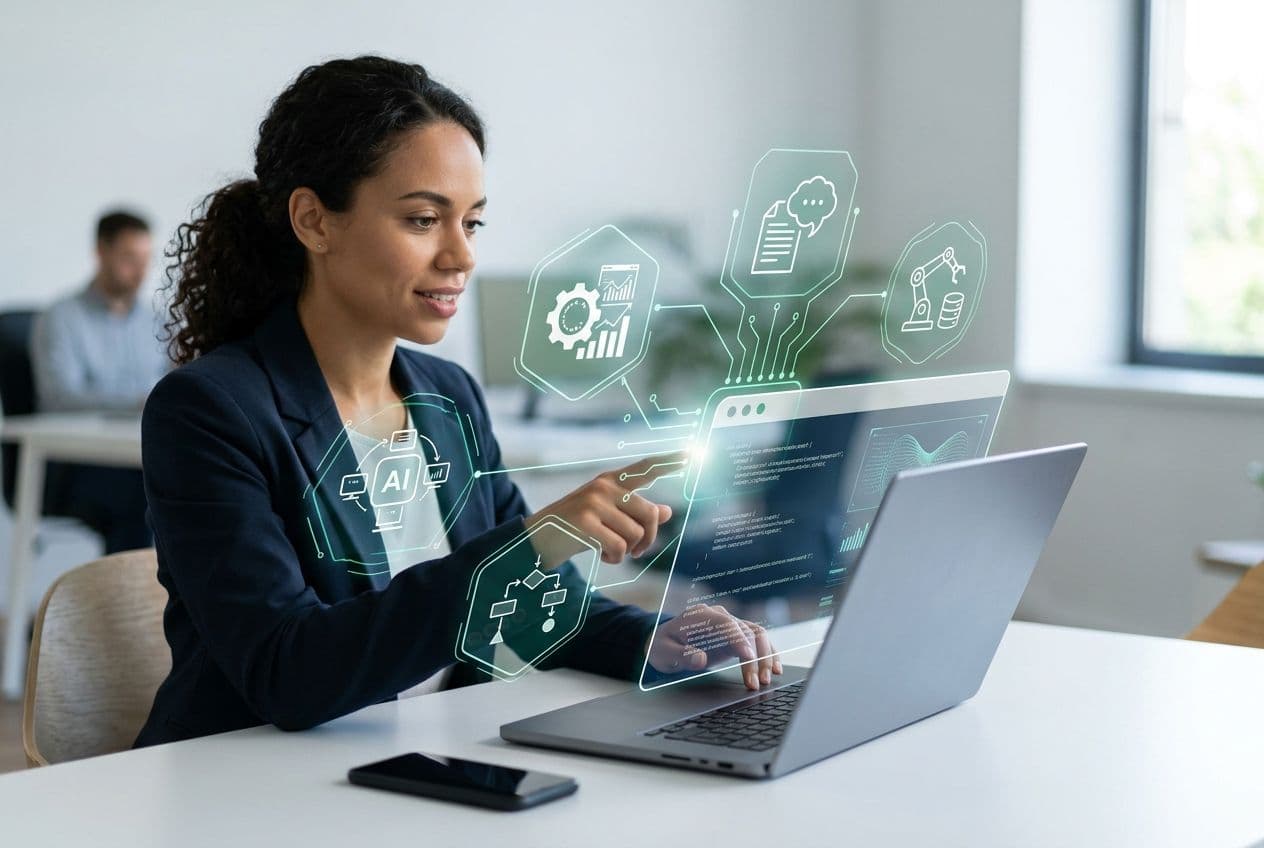 Smiling woman in an office interacting with a holographic display of AI concepts and code above her laptop.