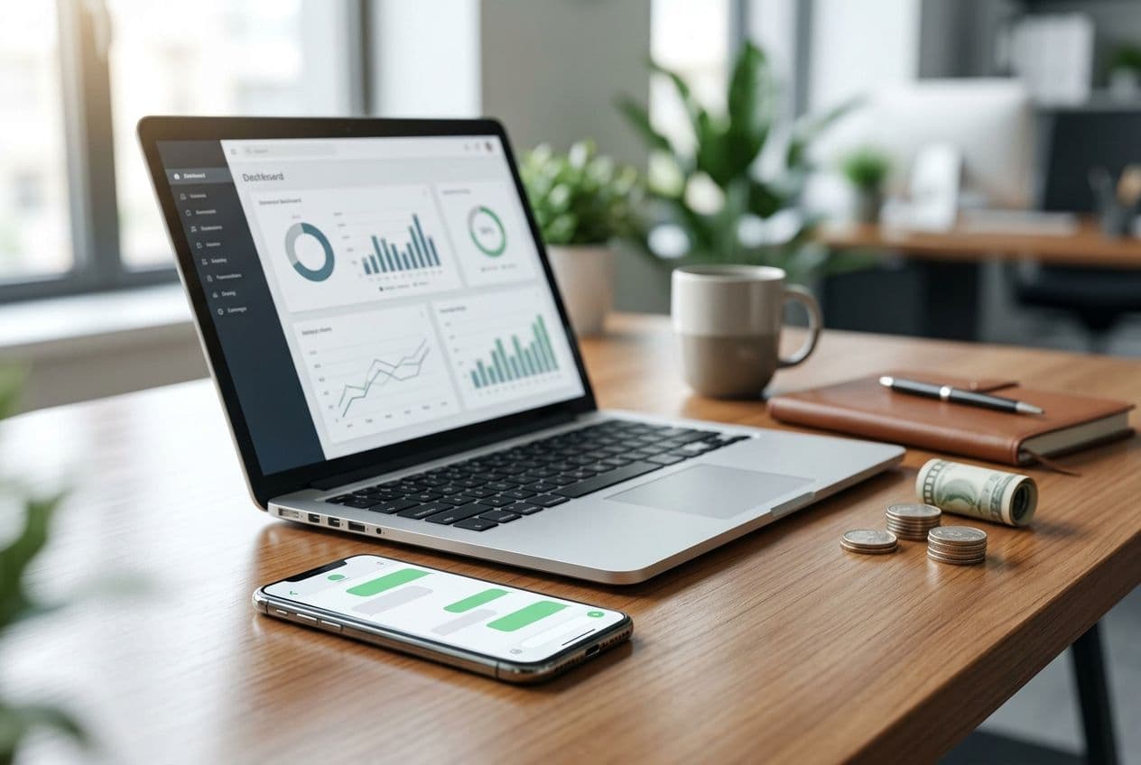 Laptop with business dashboard, smartphone with chat bubbles, money, and notebook on a wooden desk.