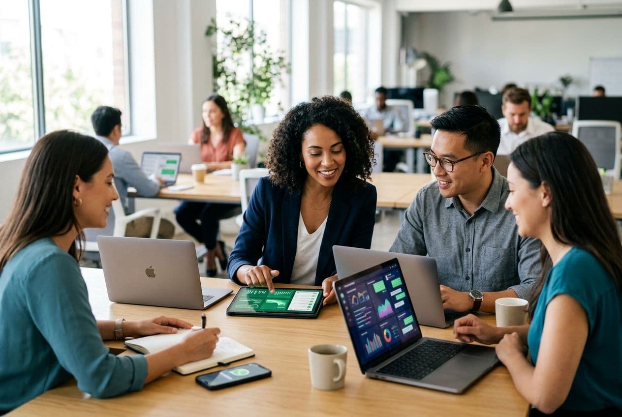 Diverse business professionals collaborating at a modern office table with laptops, tablets, and coffee cups.