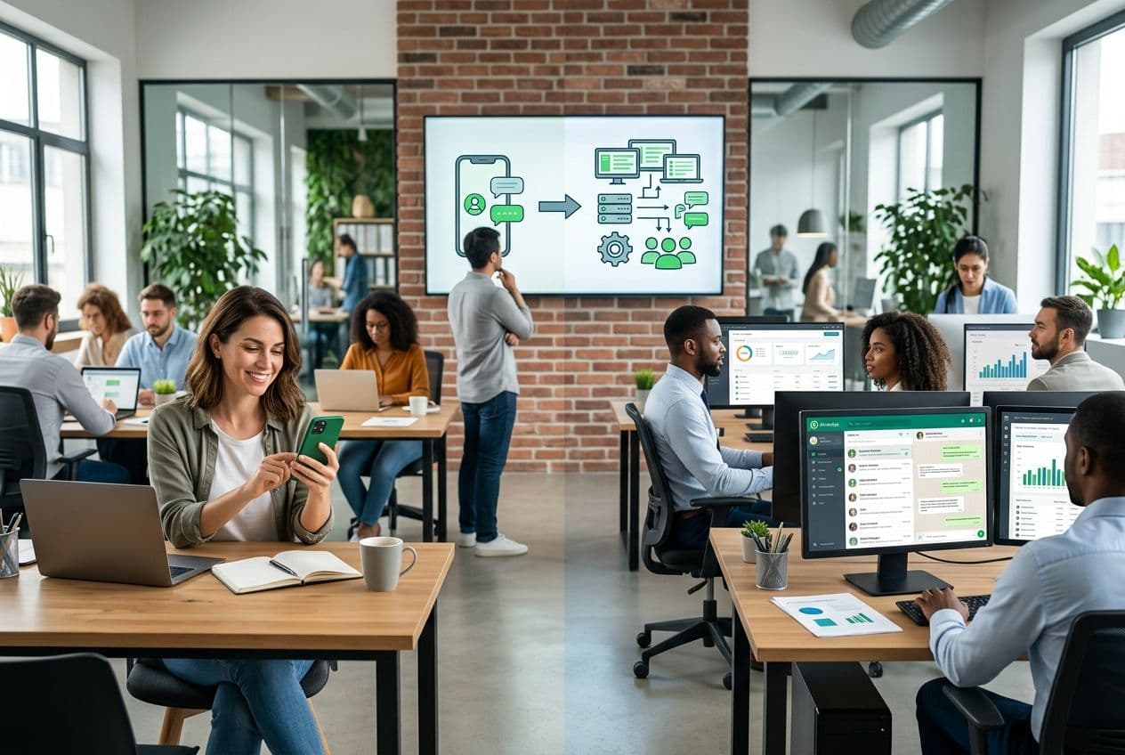 Diverse office workers use computers and phones, with a large screen displaying a WhatsApp Business App vs. API diagram.