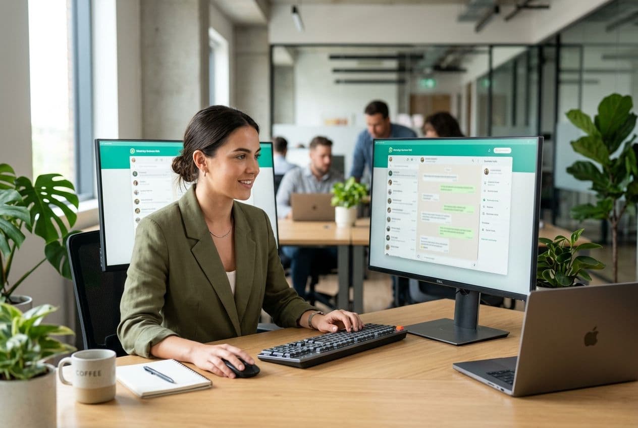 Smiling woman using a desktop computer with WhatsApp Business Web open in a modern office.