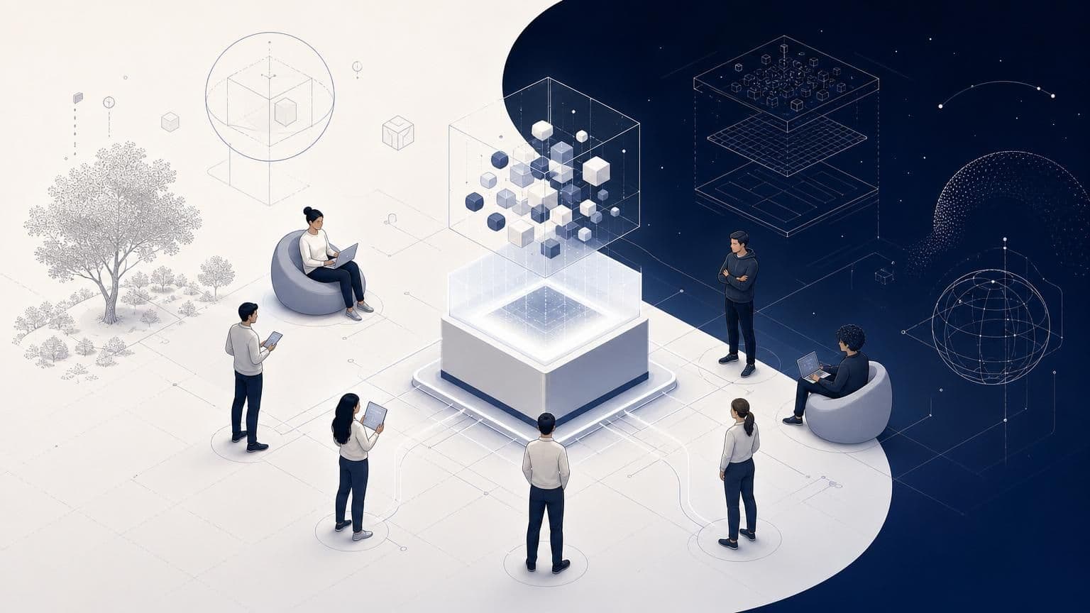 Isometric digital illustration of people using laptops and tablets around a central glowing data cube on a split white and navy blue background.